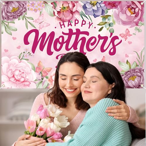 Mothers Day Decorations, Happy Mothers Day Backdrop Banner, Pink Flowers Mother's Day Photography Background for Mother's Day Indoor Outdoor Home Decorations