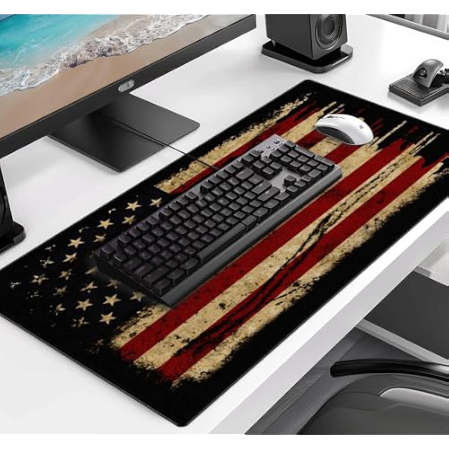 Large Extended Gaming Mouse Pad With Stitched Edges, Nonslip Waterproof Rubber Base Mouse Pad For Office, Computer, Keyboard, Laptop And Home Desk Pad 35.4 X 15.7 X 0.12 Inch (American Antique Flag)
