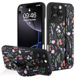 For Iphone 16 Pro Max Case With Strap For Women Girls, Cute Floral Flowers Pattern, Soft Wirstband Kickstand Silicone Protective Cover, Black