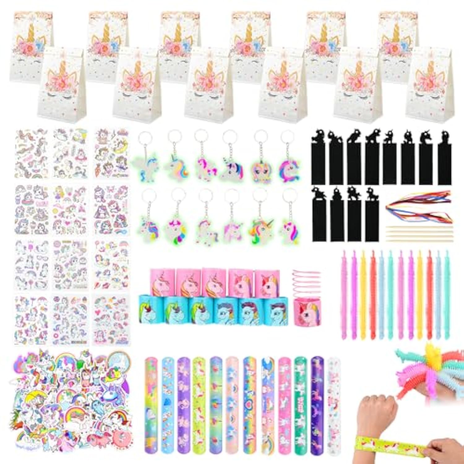 196Pcs Unicorn Party Favors Party Supplies Keychain Slap Bracelet Tattoo Sticker Goodie Bag Stuffers, Unicorn Pinata Filler For Girl Kid Birthday Pary