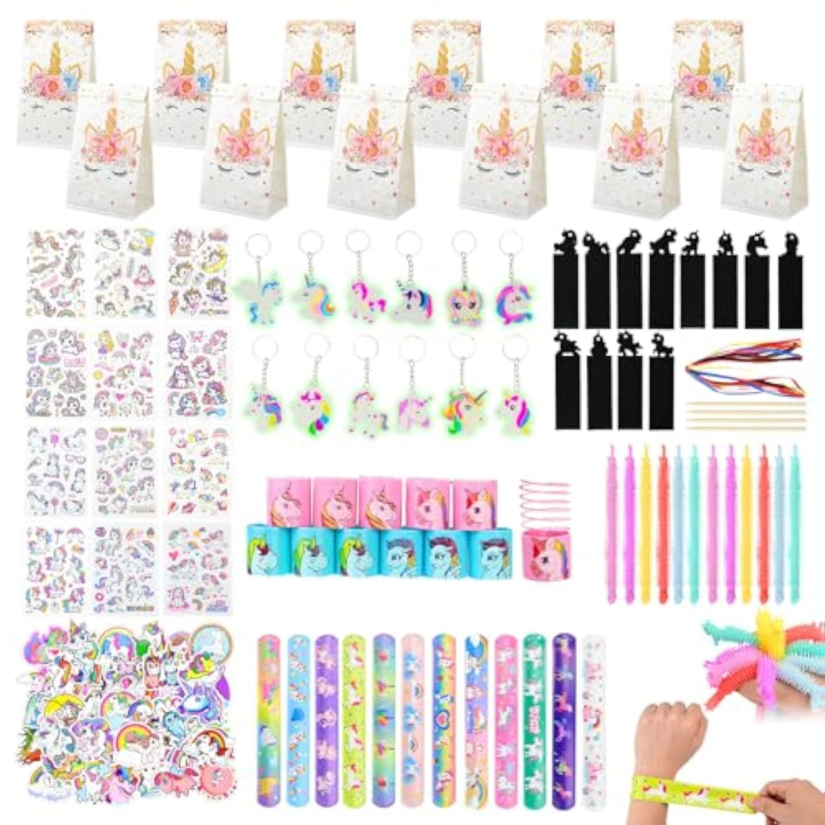 196Pcs Unicorn Party Favors Party Supplies Keychain Slap Bracelet Tattoo Sticker Goodie Bag Stuffers, Unicorn Pinata Filler For Girl Kid Birthday Pary