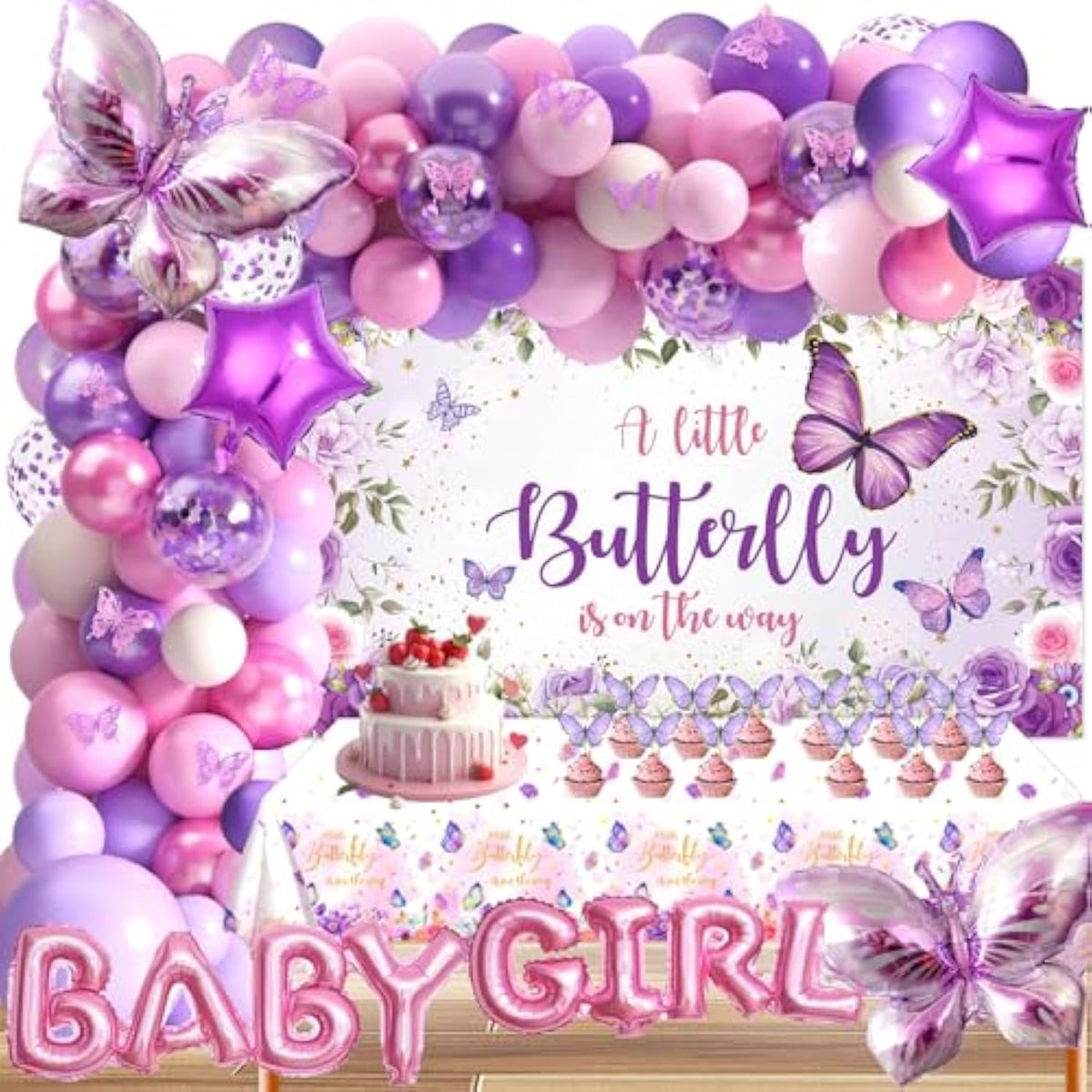 Butterfly Baby Shower Decorations For Girls, A Little Butterfly Is On The Way Party Supplies, Backdrop Balloon Arch Tablecloths Cake Toppers Pink Purple For Girl Birthday Baby Shower Theme Decor
