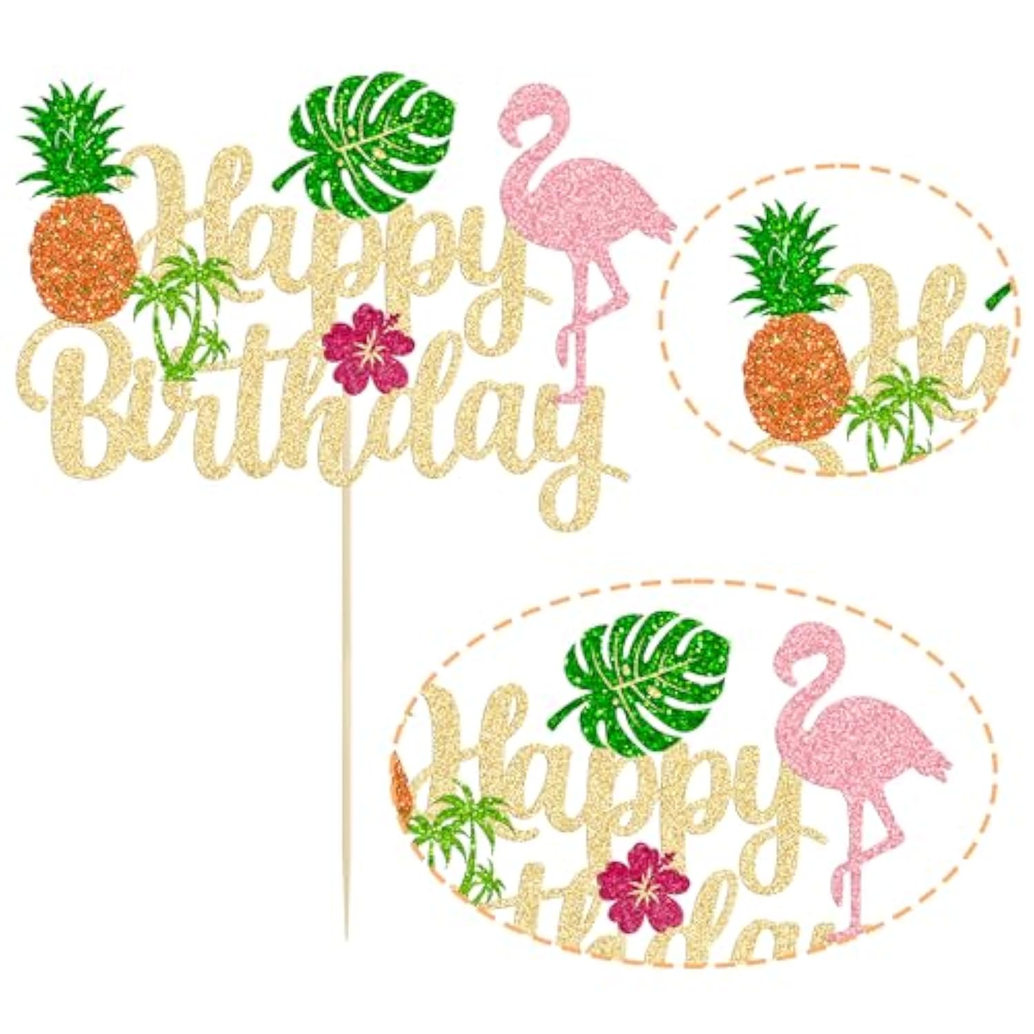 1Pc Tropical Luau Happy Birthday Cake Topper Glitter Palm Tree Flamingo Pineapple Aloha Cake Pick Decorations For Hawaiian Luau Theme Birthday Party Supplies