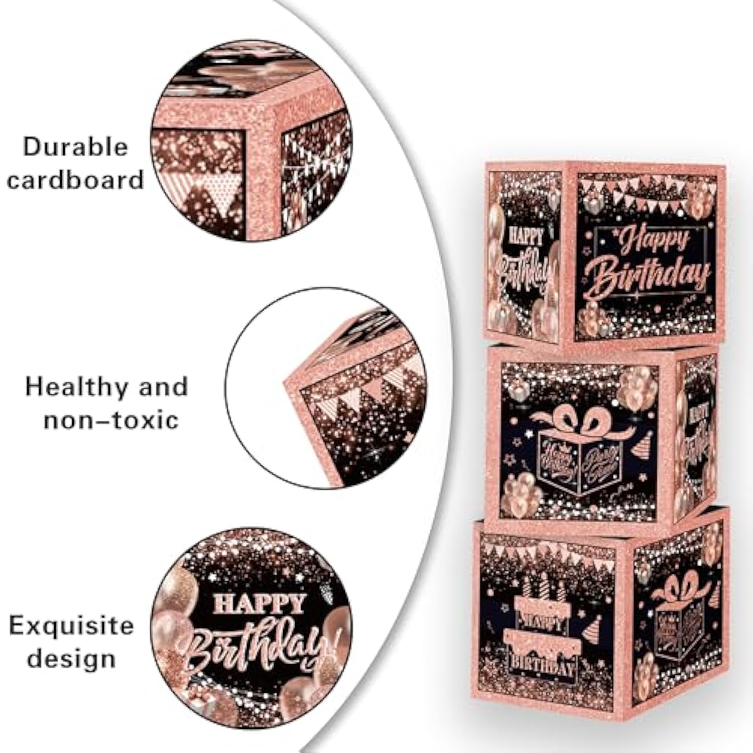 Rose Gold Birthday Party Decorations Kit For Women,4Pcs Birthday Decorations For Women Girls Black And Pink Balloon Boxes Birthday Party Favors