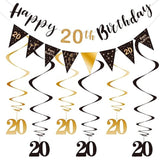 20th birthday kit with black-gold banner, bunting, swirls & triangle flags