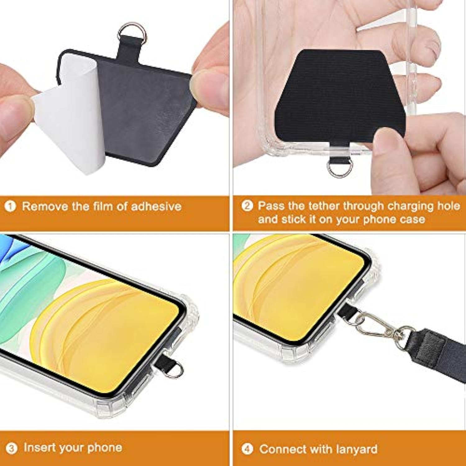 4-Pack Black Phone Tether Strap Replacement Safety Lanyard Tabs