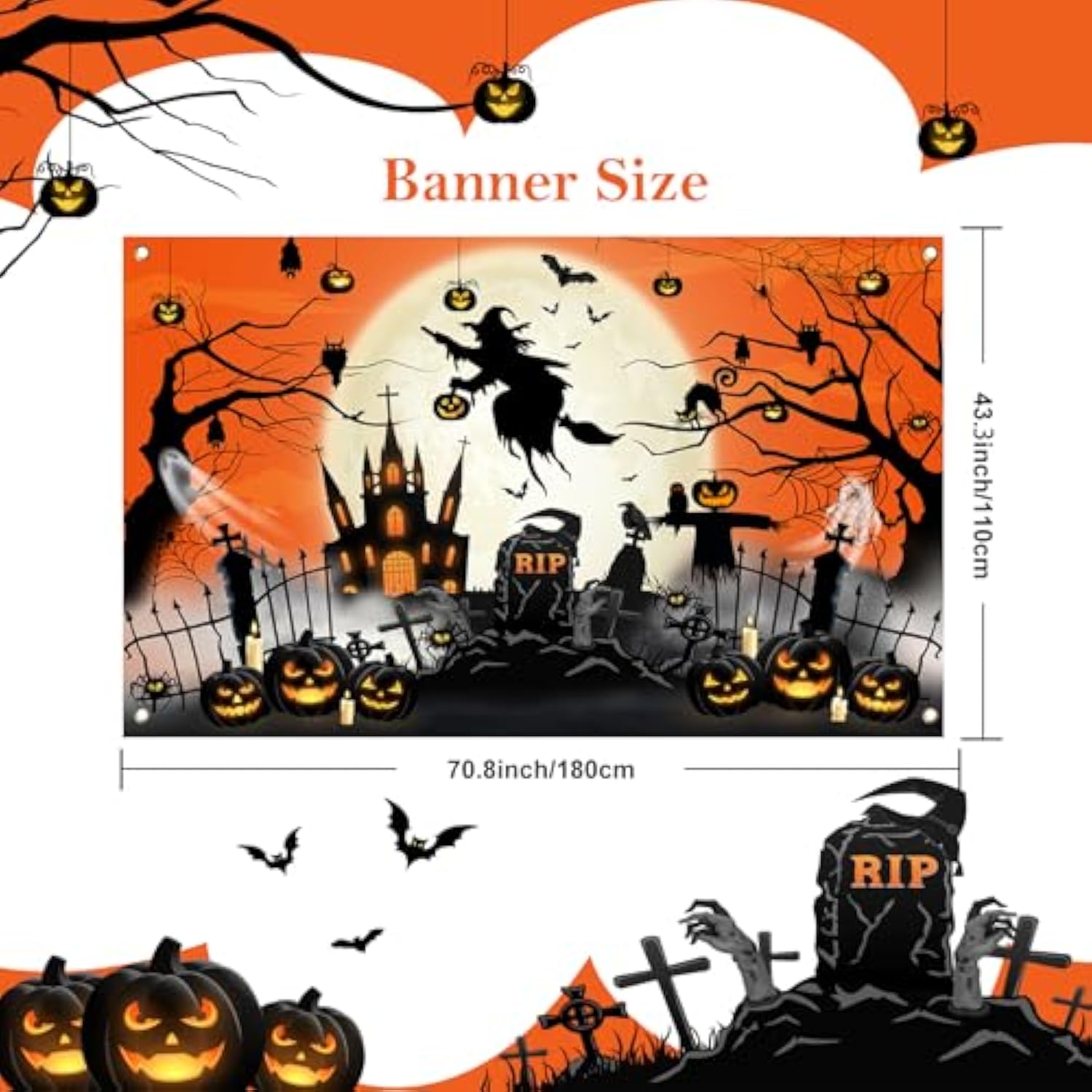 Halloween Backdrop 6x3.6ft Orange Moon Graveyard Castle Witch Scary Photo Party Decor