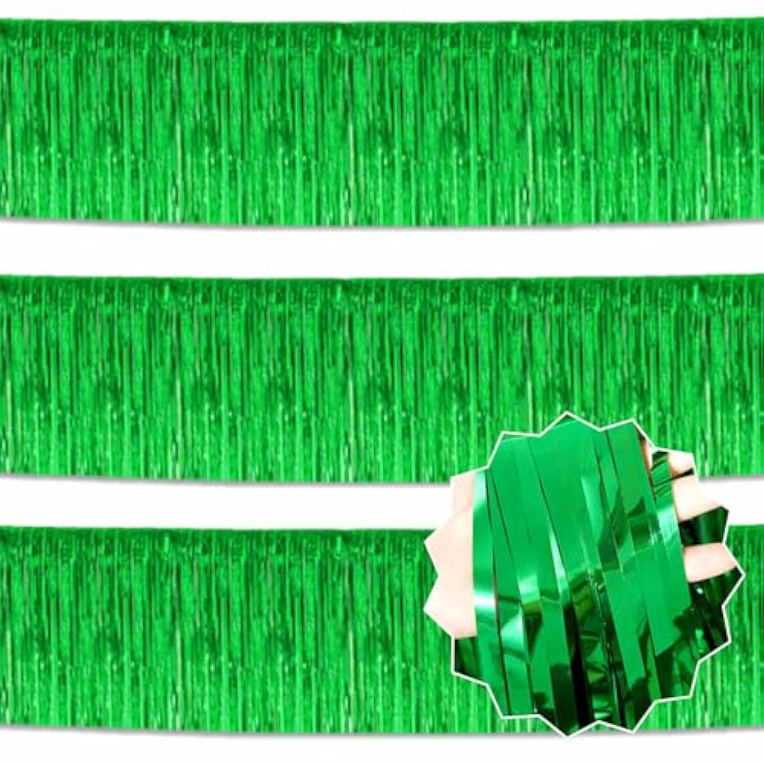 3 Pack 10 Ft Green Foil Fringe Garland Metallic Streamers Tinsel Banner Wall Hanging Garland Backdrop For Parade Floats, Halloween, Christmas, Thanksgiving, New Year Party Decorations
