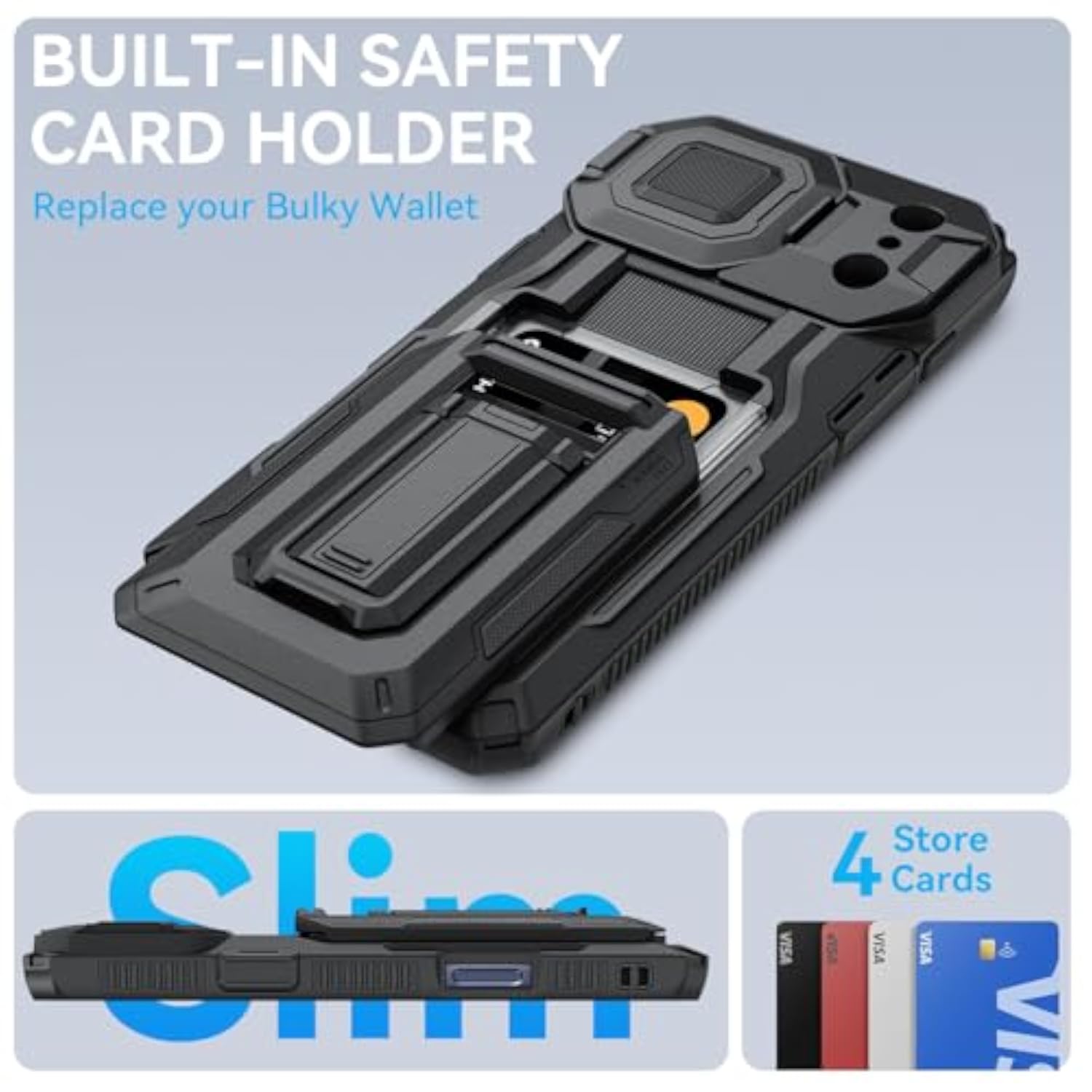 Heavy Duty Rugged Phone Case for iPhone 17 Pro Max with Semi-Automatic Card Slot, RFID Blocking, Kickstand, and Camera Lens Cover, Black, 6.9 Inch