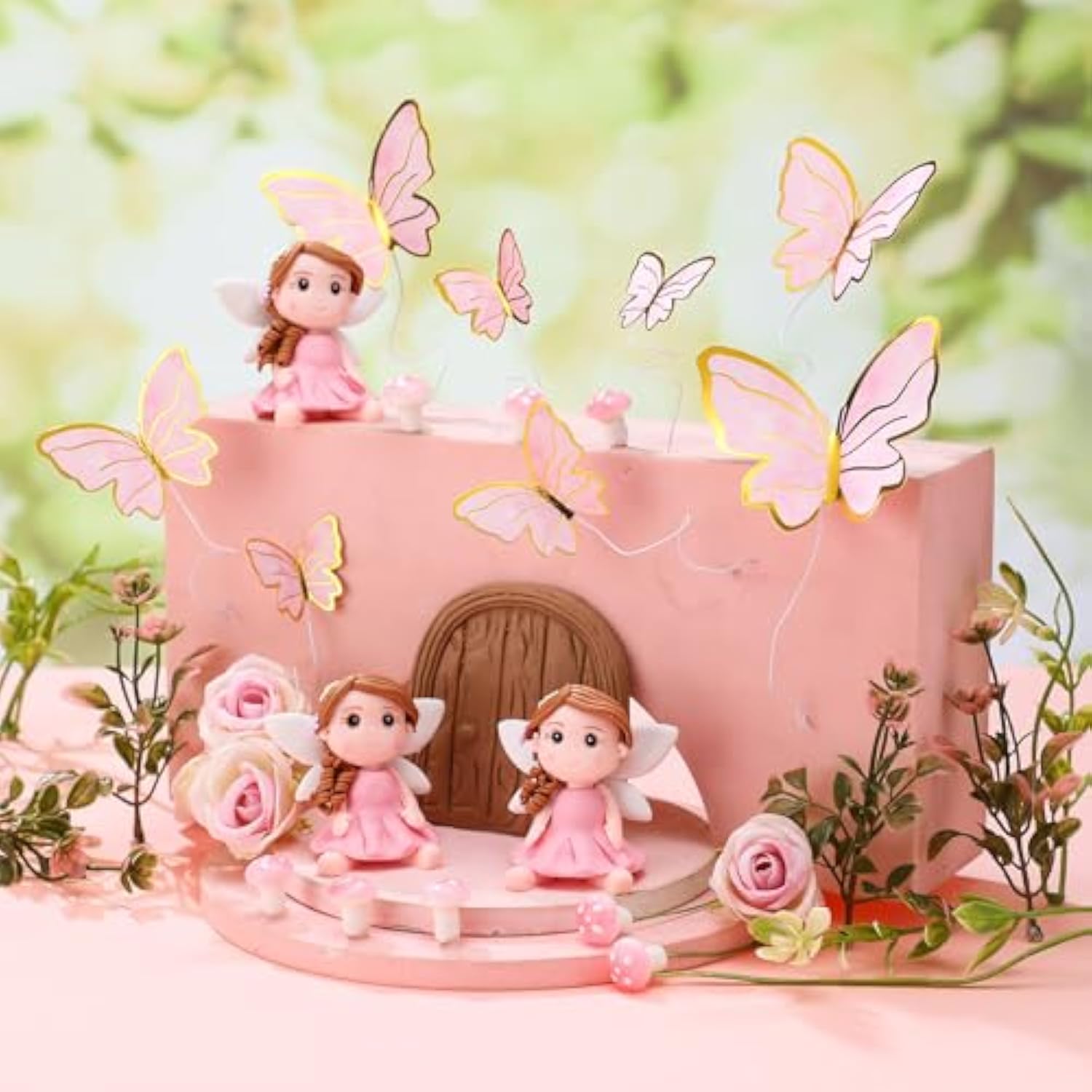 38 Pcs Fairy Cake Toppers Garden Topper Fairy Cake Decoration Pink Mushroom Butterfly Flowers Dessert Decoration For Birthday Baby Shower Party Favors