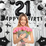 21St Birthday Decorations For Boys Girls, Happy Birthday Decorations For Her Him,21 Black And Silvery Party Kit Supplies