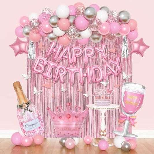 Pink Birthday Decorations For Women Girls, Silver Pink Confetti Foil Balloons Happy Birthday Banner Butterfly Fringe Curtains Cake Topper For Princess Party Supplies Decor