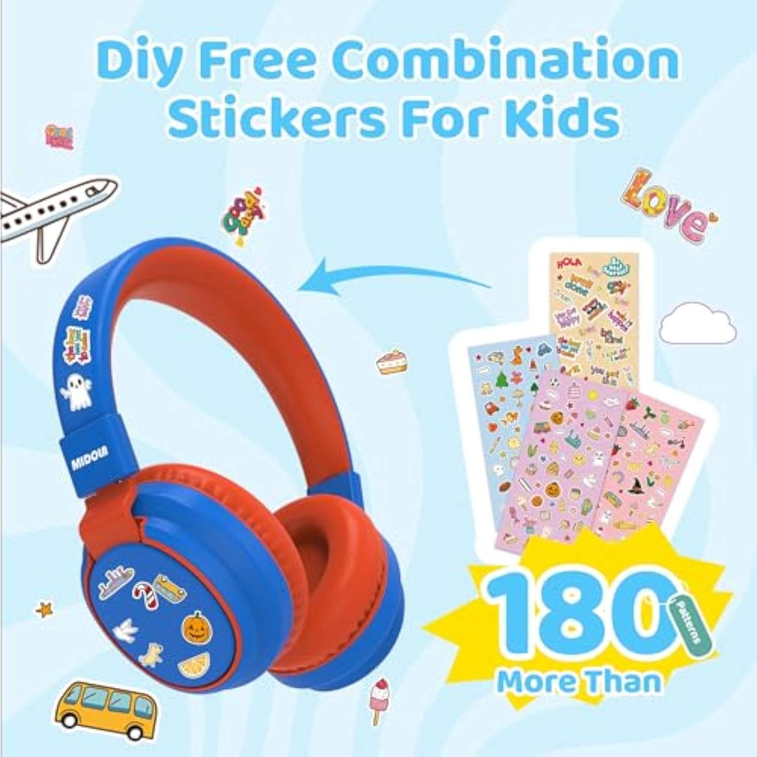 Kids Headphones Bluetooth 5.3 Wireless 60H Play Time Volume Limited 85/110Db Over Ear Foldable Protection Headset/Wired Aux Builtin Mic For Boy Girl Travel School Pad Tablet Blue