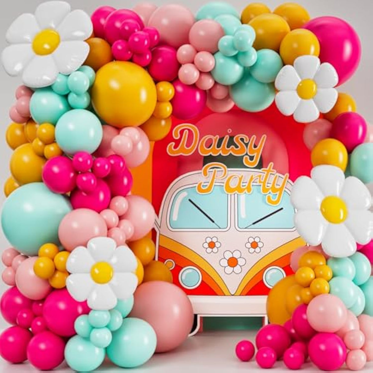 All-In-1 Daisy Balloons Garland Kit & Arch With Bonus Daisies – Small And Large Pastel Pink Green Yellow Two Groovy Balloons – Daisy Party Decorations For Birthday Or Baby Shower – Hippie Retro Floral