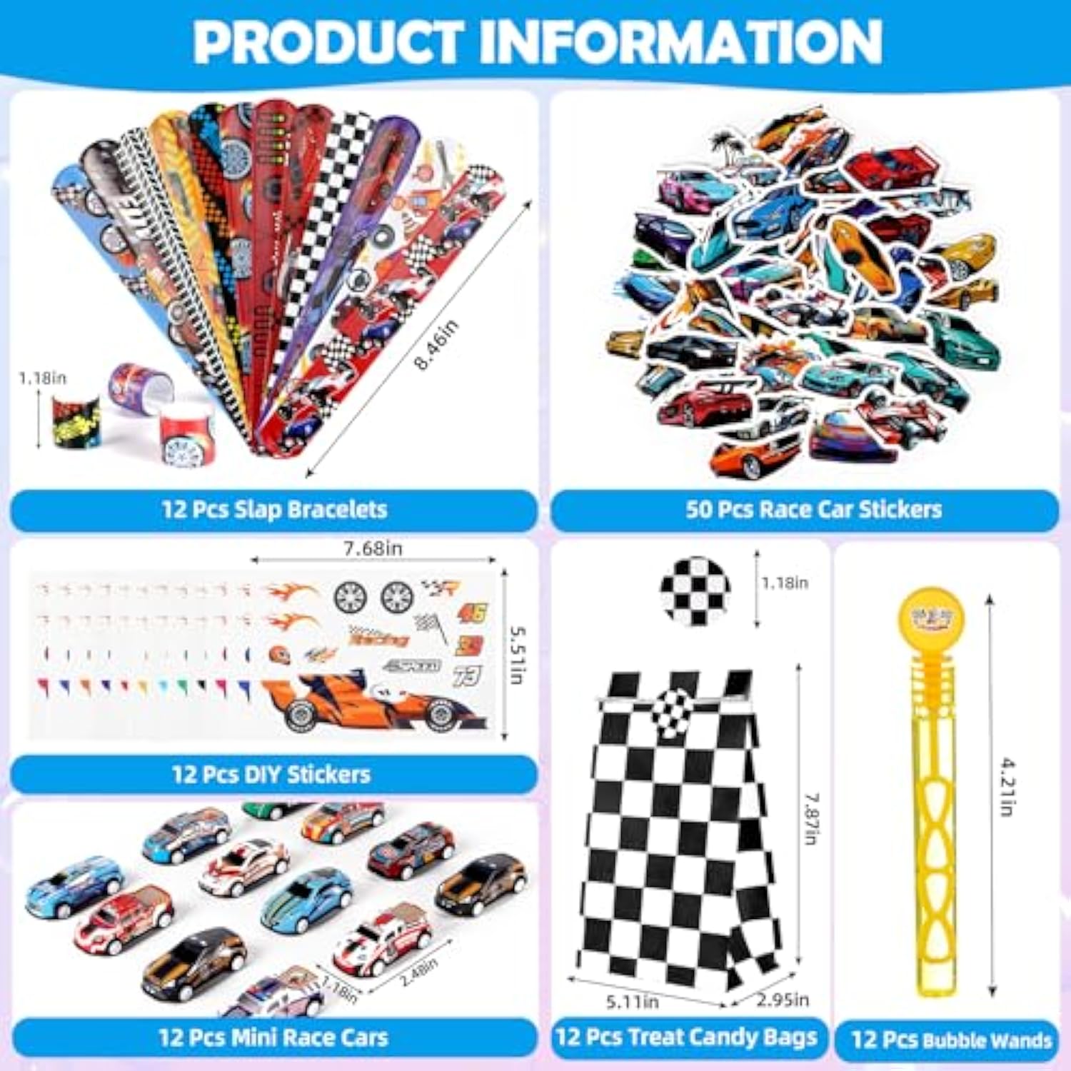 110Pcs Race Car Party Favors Themed Birthday Decorations Supplies Straw Bubble Slap Bracelet Diy Sticker Toy Gift For Boy Kids Treat Candy Bags Stuffers Classroom Rewards