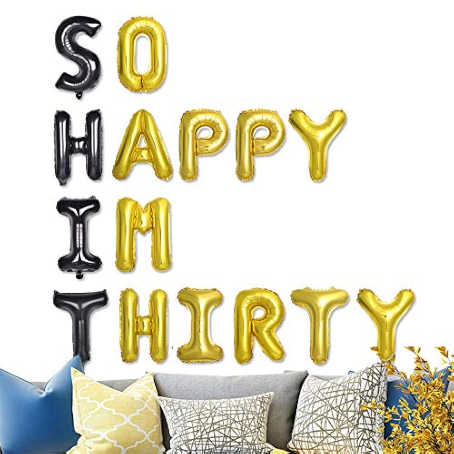 30th Birthday Balloons: Black & Gold "So Happy I'm Thirty" Banner