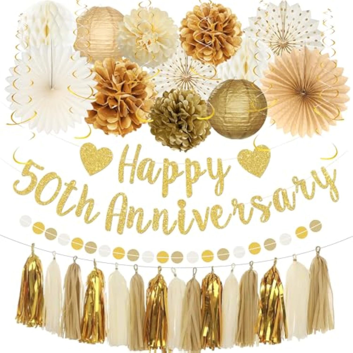 50Th Anniversary Decorations, Gold Glitter Happy 50Th Anniversary Banner Photo Background For Women Men, Cheers To 50 Years Backdrop Pompoms Paper Fans Party Supplies Dad Mom