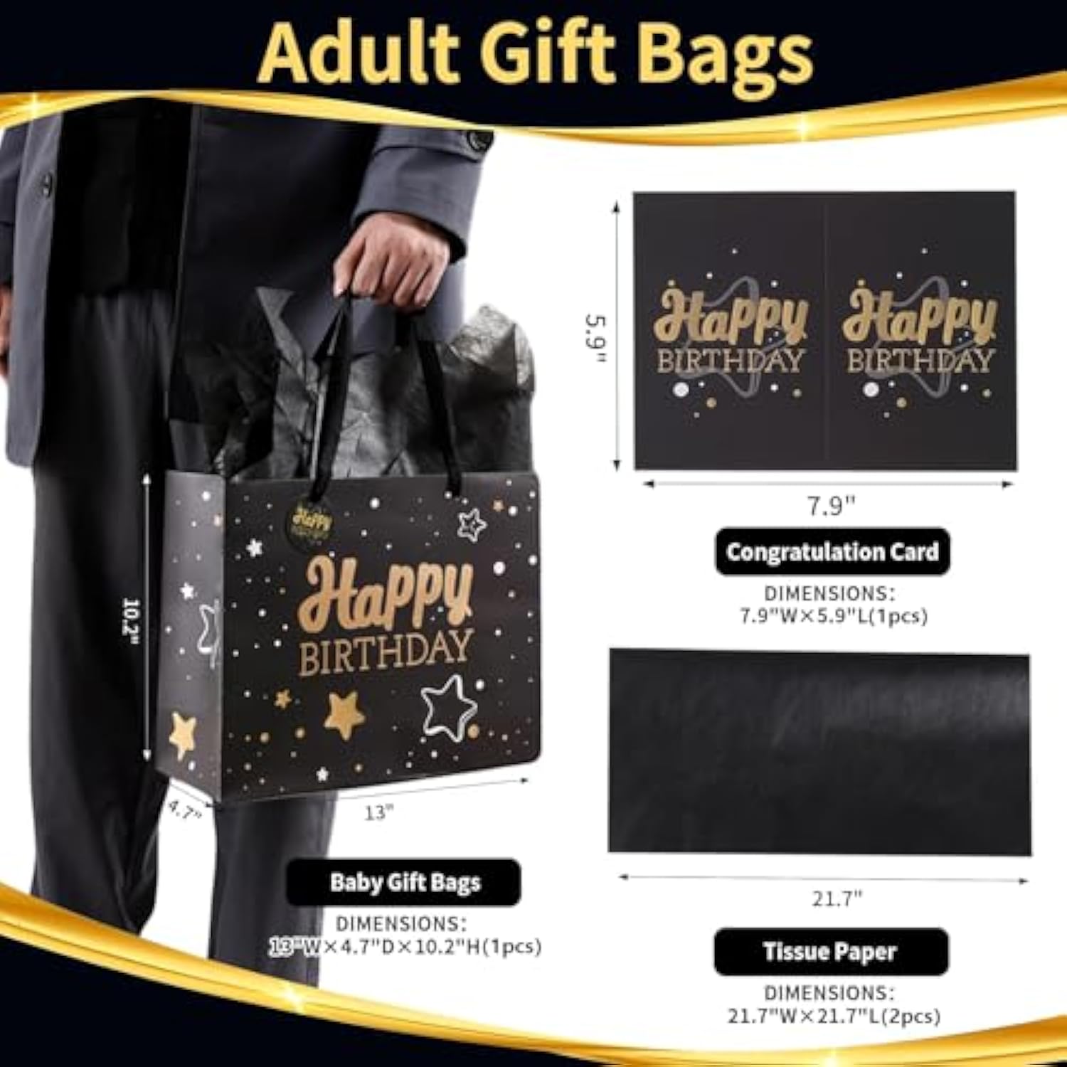 Black Birthday Gift Bag Medium 13x10.2x4.9 Inch Includes Card Tissue Paper Ribbon