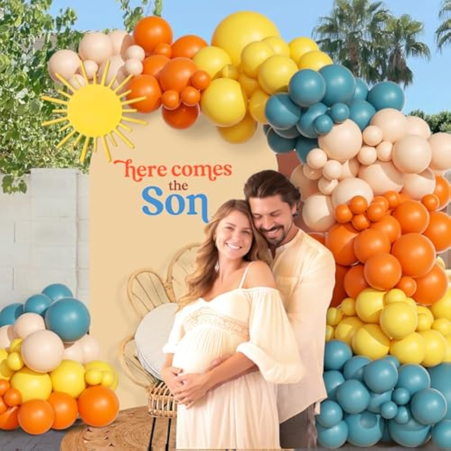 151Pcs Here Comes The Sun Balloon Garland Arch Kit, Boho Retro Dusty Slate Blue Burnt Orange Mustard Yellow Balloons For Here Comes The Son Baby Shower Decor