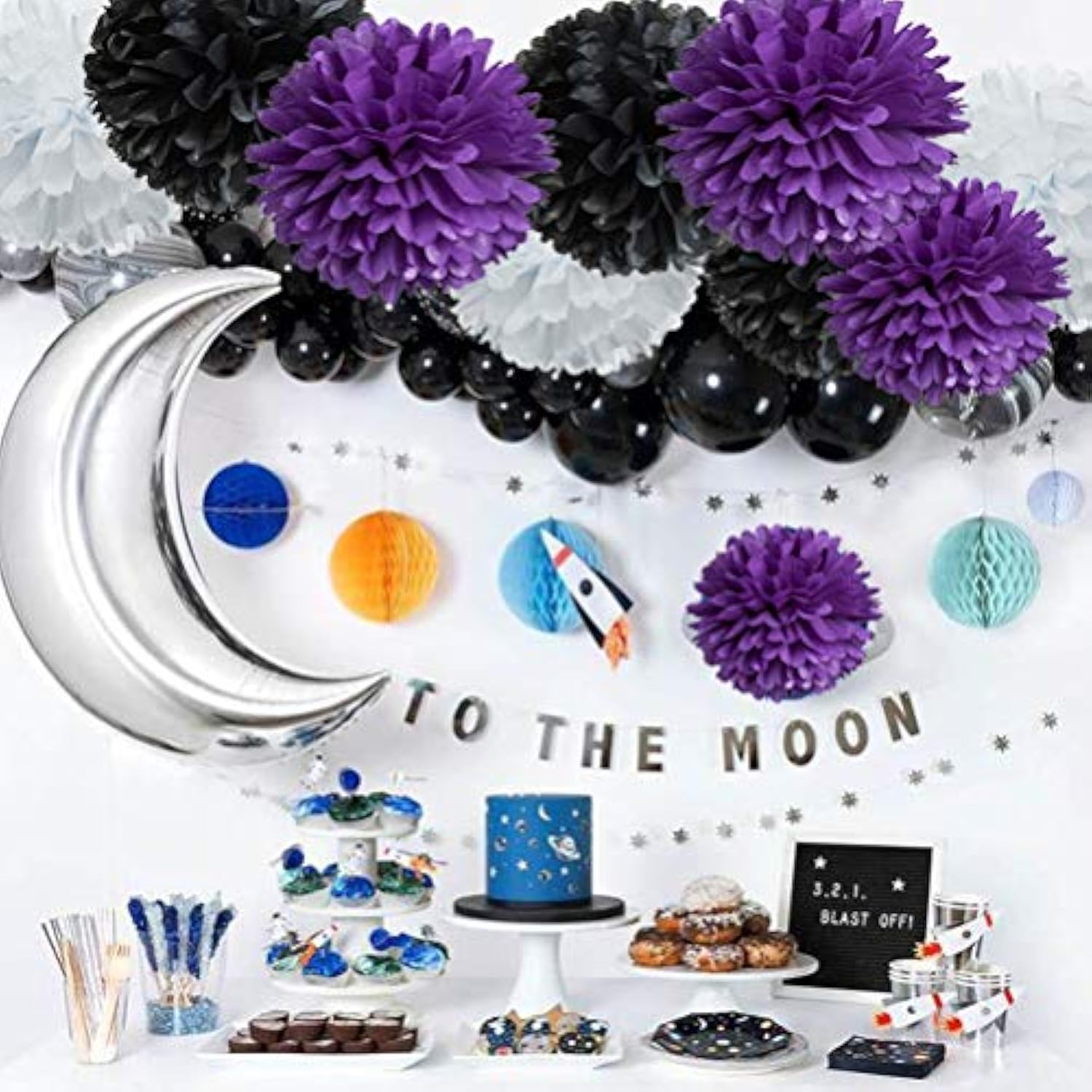 Paper Flower Tissue Pom Poms Graduation And Galaxy Party Favor Supplies (Black,Purple,White,12Pc)