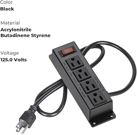 Wall Mount Power Strip 4 Outlets with Switch 3FT Extension Cord Flat Plug Under Desk Black