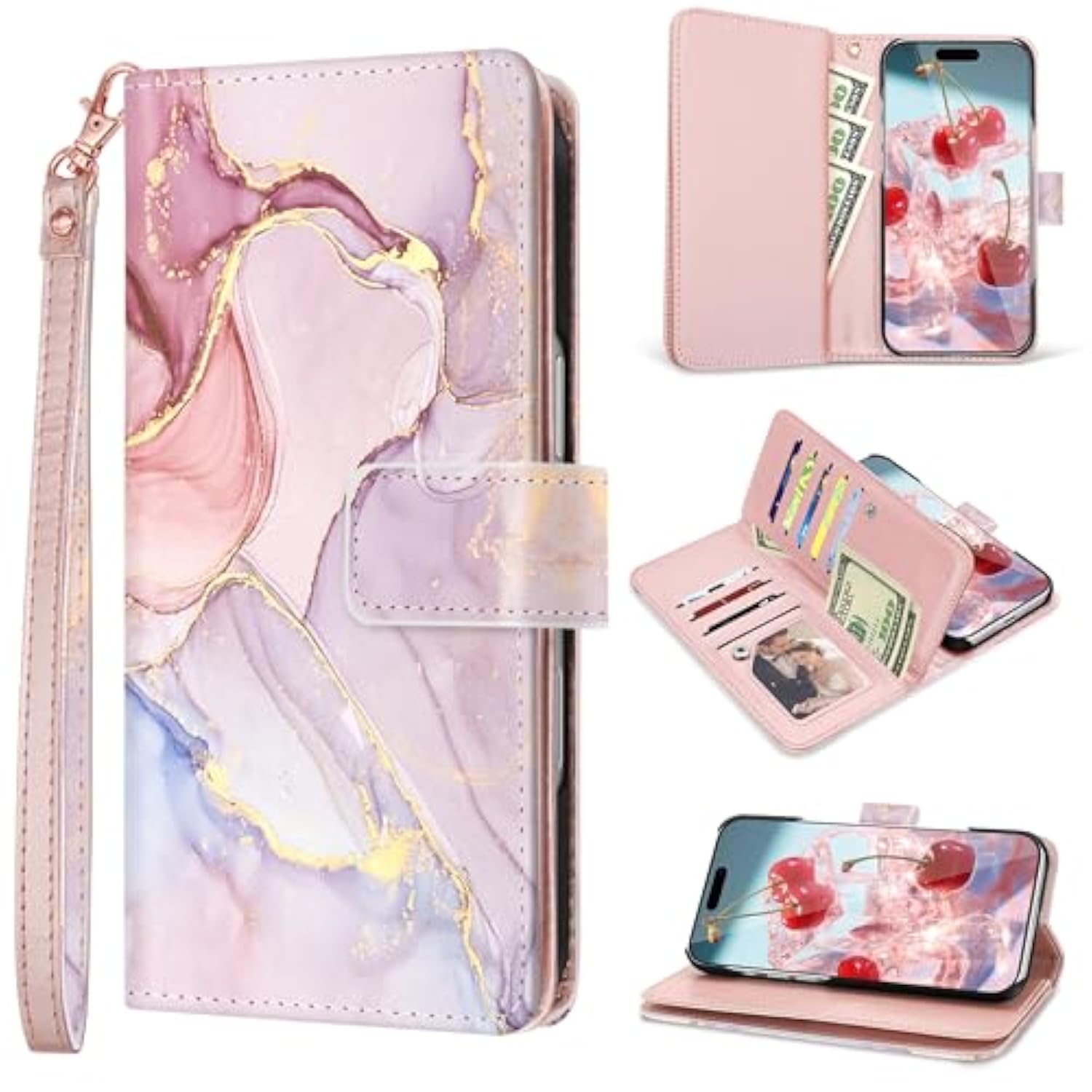 For Iphone 16 Pro Case Wallet Case For Women Girl[With 9 Card Holder]Marble Rose Gold Pu Leather Detachable Wrist Strap Full Body Slim Shockproof Flip Phone Case For Iphone 16 Pro,6.3 Inch,2024