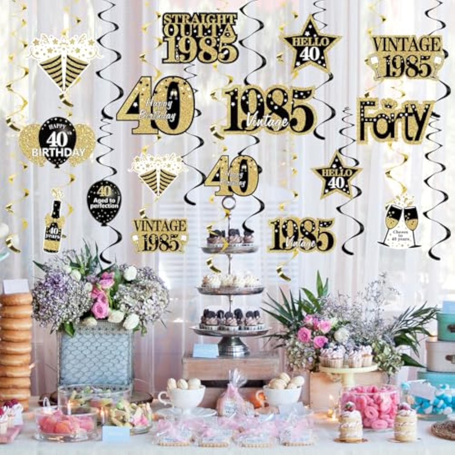 40th Birthday Hanging Swirl Decorations: Black & Gold 1985 Vintage Theme