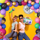 80S 90S Theme Party Decorations, 90Pcs Balloon Garland Kit 6Pcs Disco Ball Radio Boom Box Retro Mobile Phone Guitar Microphone Foil Balloons For Back To 80S 90S Hip Hop Birthday Supplies