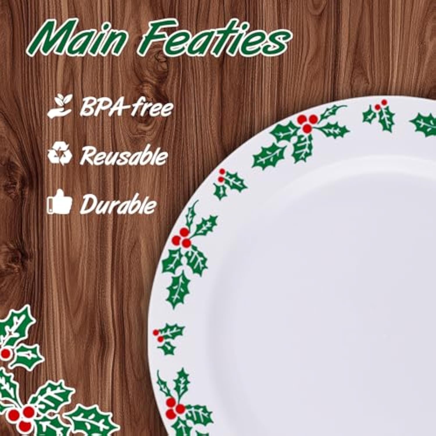 Wdf 350Pcs Christmas Plates And Napkins Set - Exquisite Holly Design - Christmas Dinnerware Set Of 50 Plastic Plates 50 Red Silverware Set&Cups& Napkins