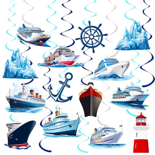 Nautical Party Hanging Swirls 20Pcs Cruise Ship Birthday Hanging Decorations Ocean Ship Theme Ceiling Streamers Nautical Sailing Party Decorations for Anchor Lighthouse Birthday Baby Shower Supplies