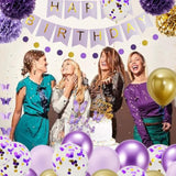 40Pcs Purple Gold Birthday Party Decorations,Gifts For Women Or Girls, Happy Birthday Banner With Balloons,Paper Pom Poms,Butterfly Garland,Foil Star And Hearts For Party Decor