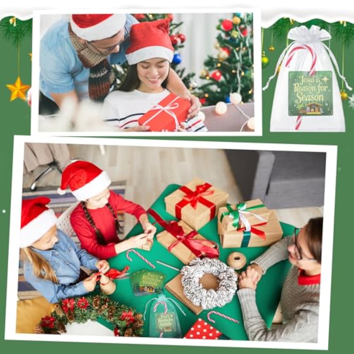 24 Packs Religious Christmas Plastic Peppermint Candy Cane With Jesus Is The Reason For The Season Card Organza Bag Gift Set For Church Gatherings Holiday Events Community Supply