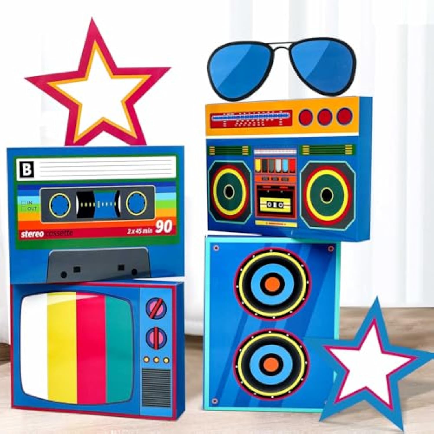7 Pcs Large 80S 90S Party Decorations 3D Hip Hop Favor Set Paper Boombox Cassette Boxes For Retro Back To 1980S 1990S Theme Birthdays Music Neon Decoration