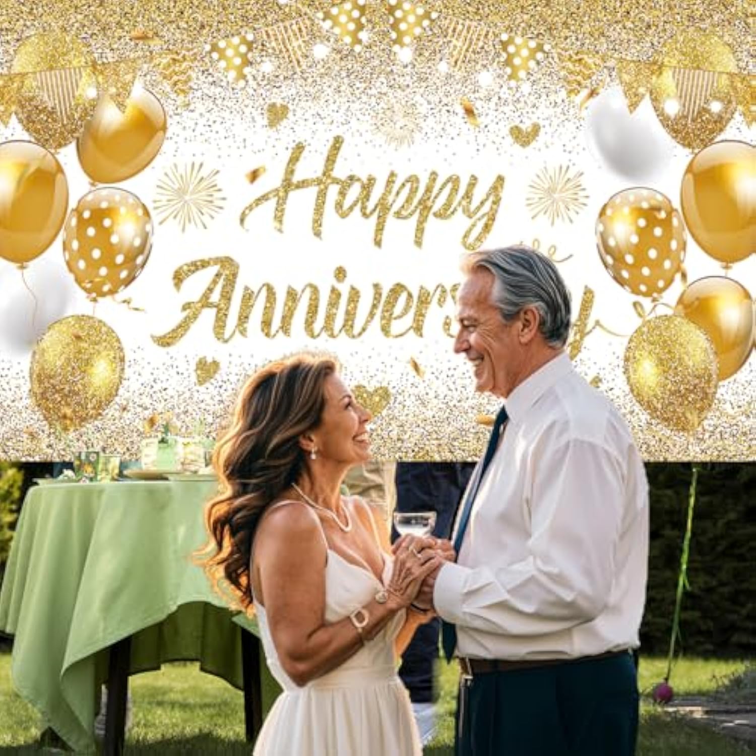 White Gold Happy Wedding Anniversary Banner For 5 10 15 20 25 30 40 50 For Couple, Happy Anniversary Decorations, Surprise For Parents Cheers To Wedding Supplies 71X43In