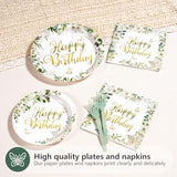 96Pcs Sage Green Happy Birthday Party Decorations Retro Green Birthday Plates Eucalyptus And White Flower Paper Plate Disposable Sage Tableware For Baby Shower Party Favors Serves 24