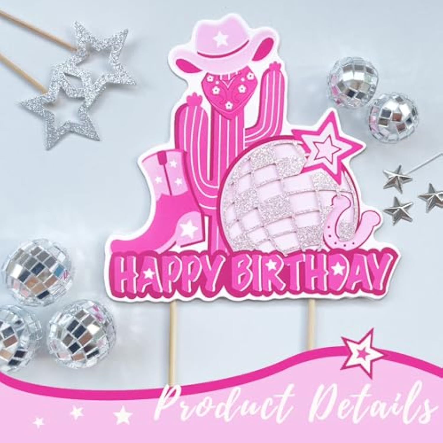 30Pcs Cowgirl Cake Topper Western Cowgirl Hat Boot Happy Birthday Cake Decorations With Silver Stars Disco Balls Pearl Ball For Hot Pink Girl Cowboy Western Theme Birthday Baby Shower Party Supplies