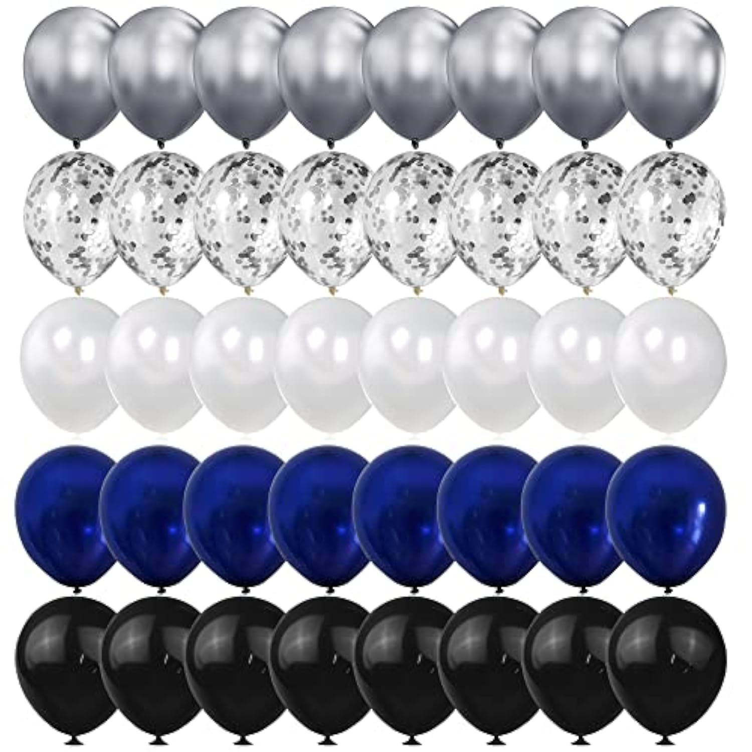 Chrome & Confetti Balloon Set: Navy, Black, White Party Decor (100pcs, 12")
