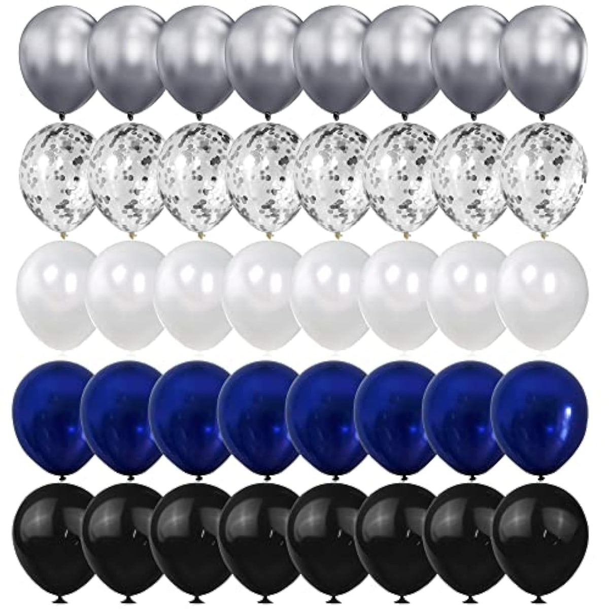 Chrome & Confetti Balloon Set: Navy, Black, White Party Decor (100pcs, 12")