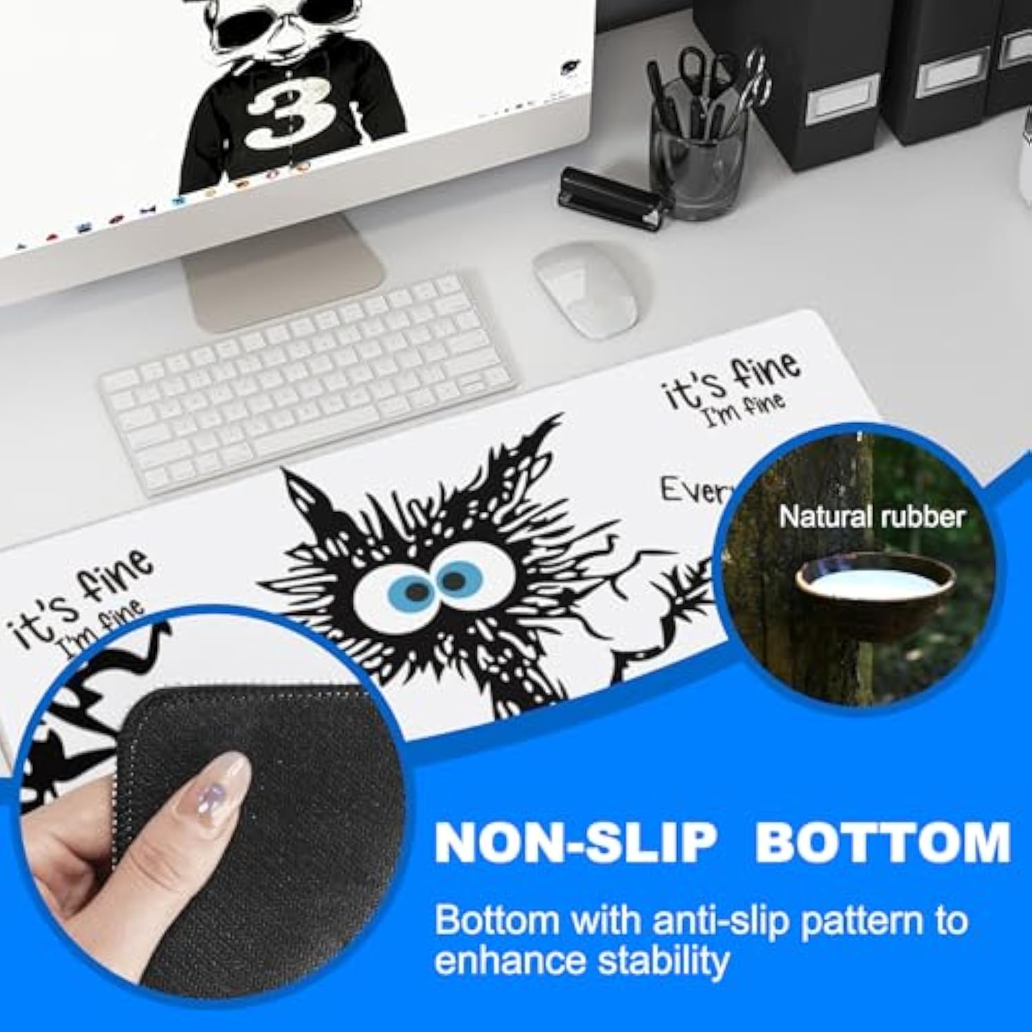 Desk Pad, It’S Fine I’M Fine Black Cat Extended Gaming Mouse Pad Large, 35.4"X15.7" Big Mouse Pad With Non-Slip Base And Stitched Edge, Long Computer Keyboard Mouse Mat For Home Office Work