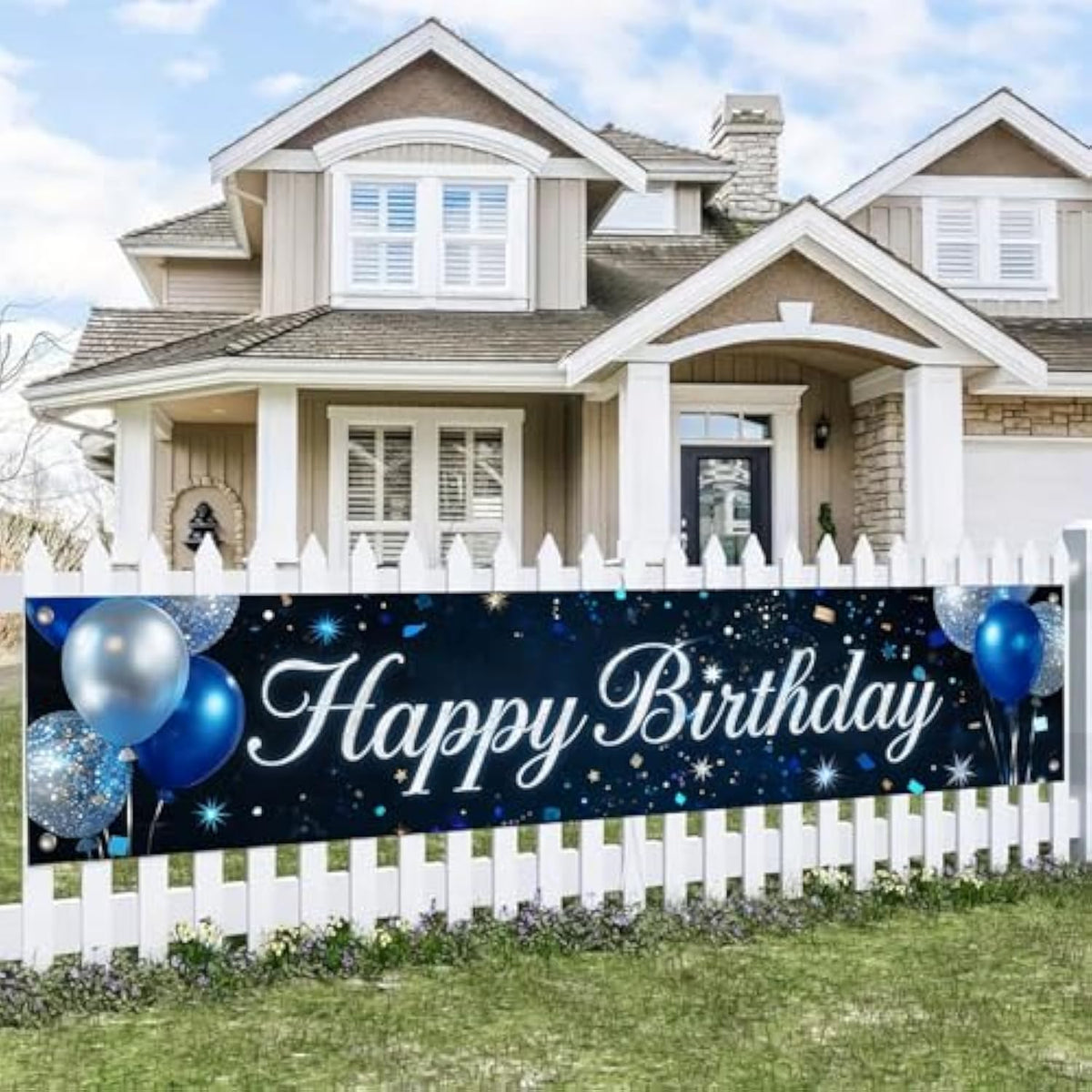 Happy Birthday Banner Sparkling Backdrop Blue Silver Balloons Confetti 118X20 Inches Elegant Party Decor Supplies For Birthday Celebrations Photo Backdrop Wall Hanging Decoration
