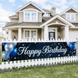 Happy Birthday Banner Sparkling Backdrop Blue Silver Balloons Confetti 118X20 Inches Elegant Party Decor Supplies For Birthday Celebrations Photo Backdrop Wall Hanging Decoration