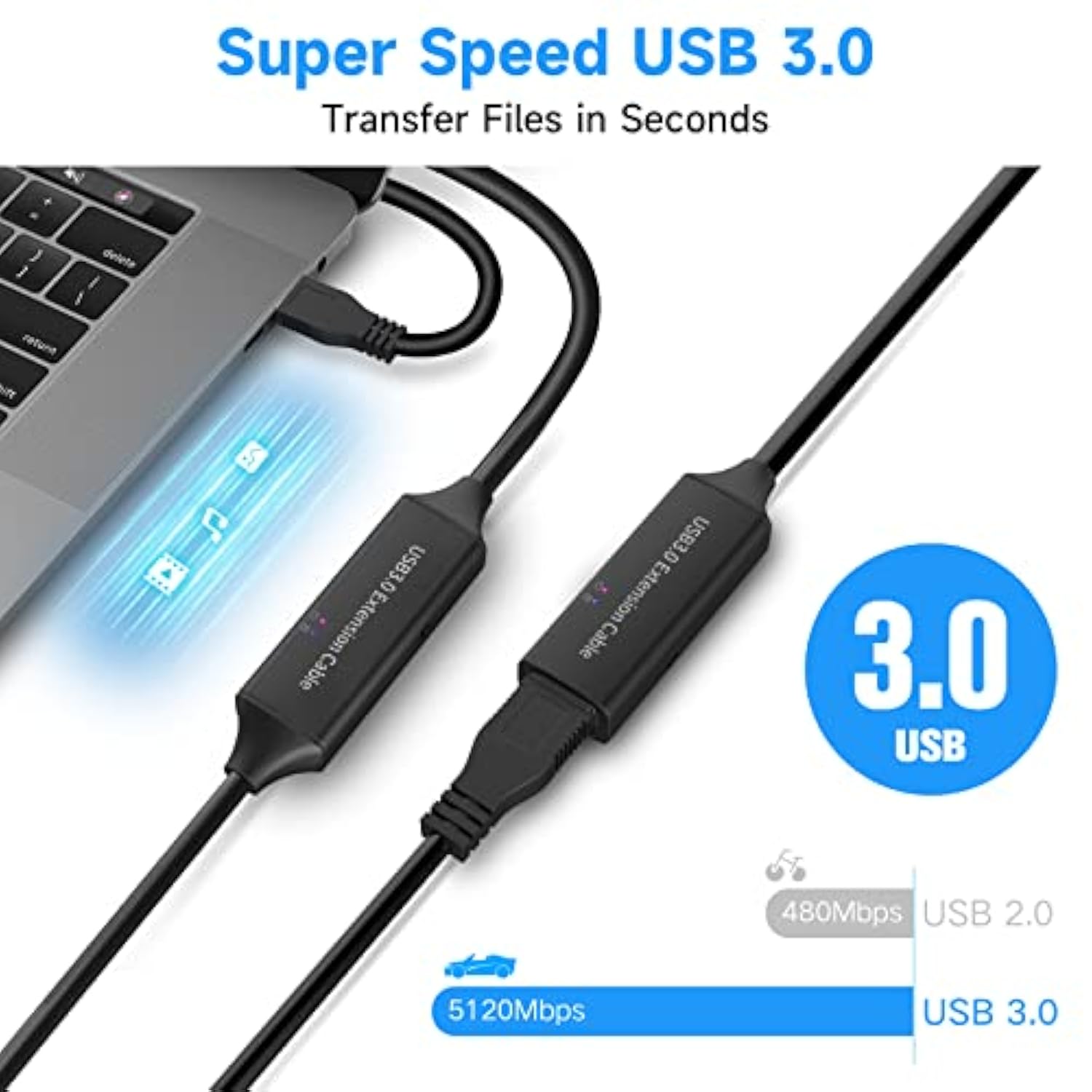 Active Usb 3.0 Extension Cable, 32 Feet Usb 3.0 Male To Female Extender Cord W