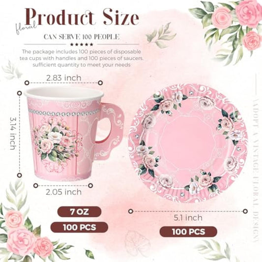 200 Pcs Floral Paper Tea Cups And Saucers 7 Oz Disposable Tea Party Decorations Vintage Cute Paper Tea Cups And Plates With Handles For Girls Wedding Baby Bridal Shower Birthday, Serve 100(Pink)