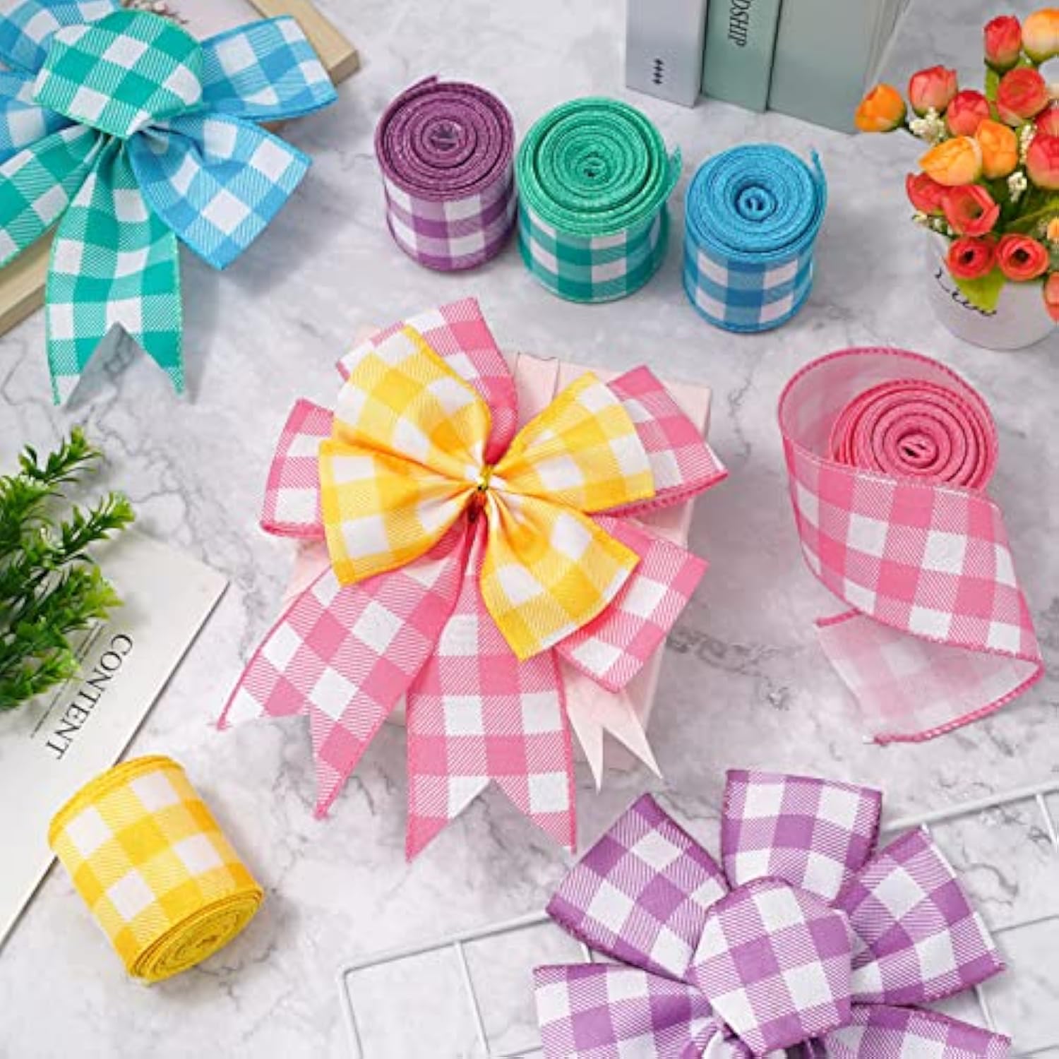 Spring Wired Edge Ribbon 30 Yards Pastel Gingham Patterned Ribbon Colo