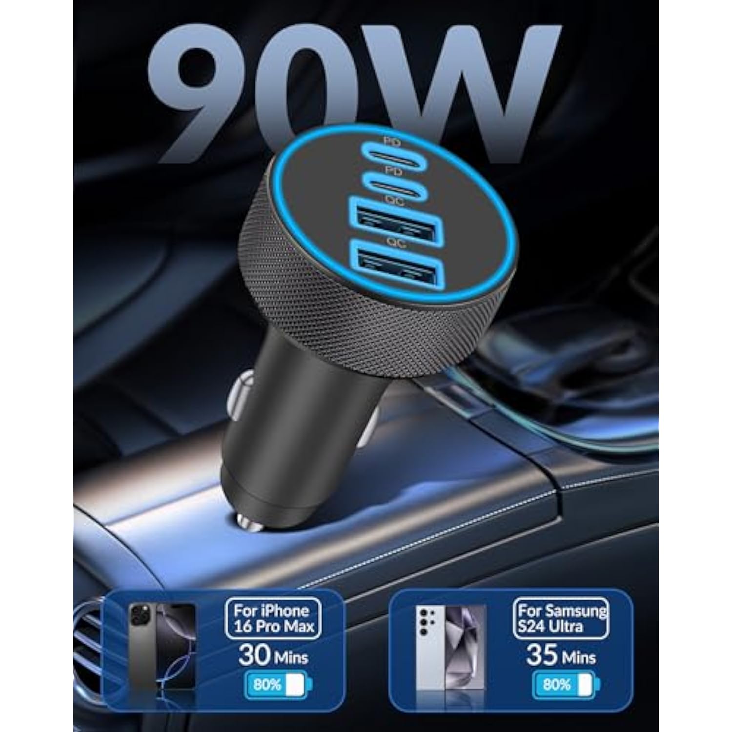 [4 In 1] Usb C Car Charger, 4-Port 90W Super Fast Charging Cigarette Lighter Adapter, Dual 45W Usbc & Usb-A Multiport Car Phone Charger Accessories For Iphone 16E 16 15 14 13 12, Ipad, Samsung Tablet