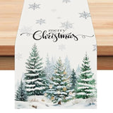 Winter Snowy Forest Table Runner 13X90 Inch Merry Christmas Pine Trees Snowflakes Xmas Winter Holiday Kitchen Dining Table Decoration For Home Party Decor