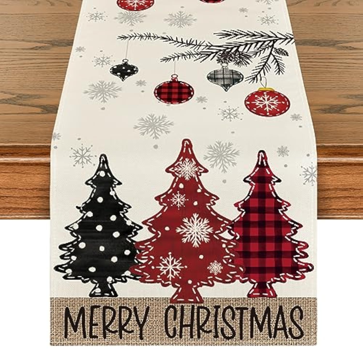Red Pine Trees Merry Christmas Table Runner, Winter Xmas Holiday Kitchen Dining Table Decoration For Home Party Decor 13X72 Inch