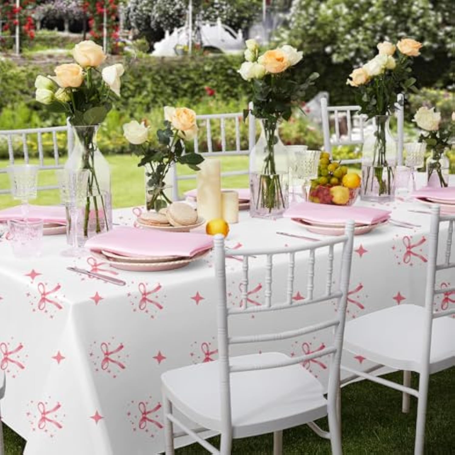 3 Pcs Pink Bow Tablecloths, 54x108", Waterproof Covers for Party & Shower Decor