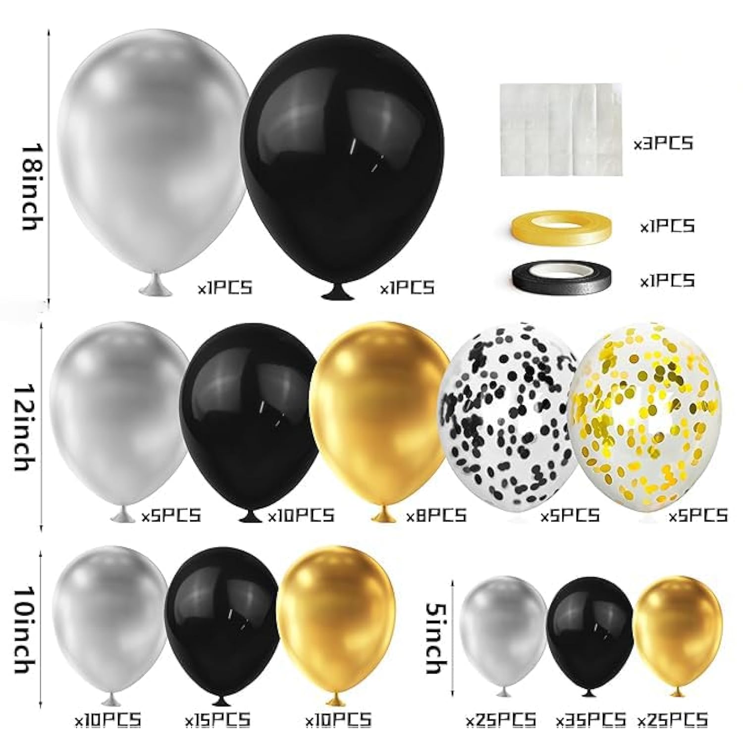 160Pcs Glod Sliver Black Confetti Balloons Arch Garland Kit For Birthday Graduation Baby Shower Wedding Party Supplies Decoration (Gold Silver Black)