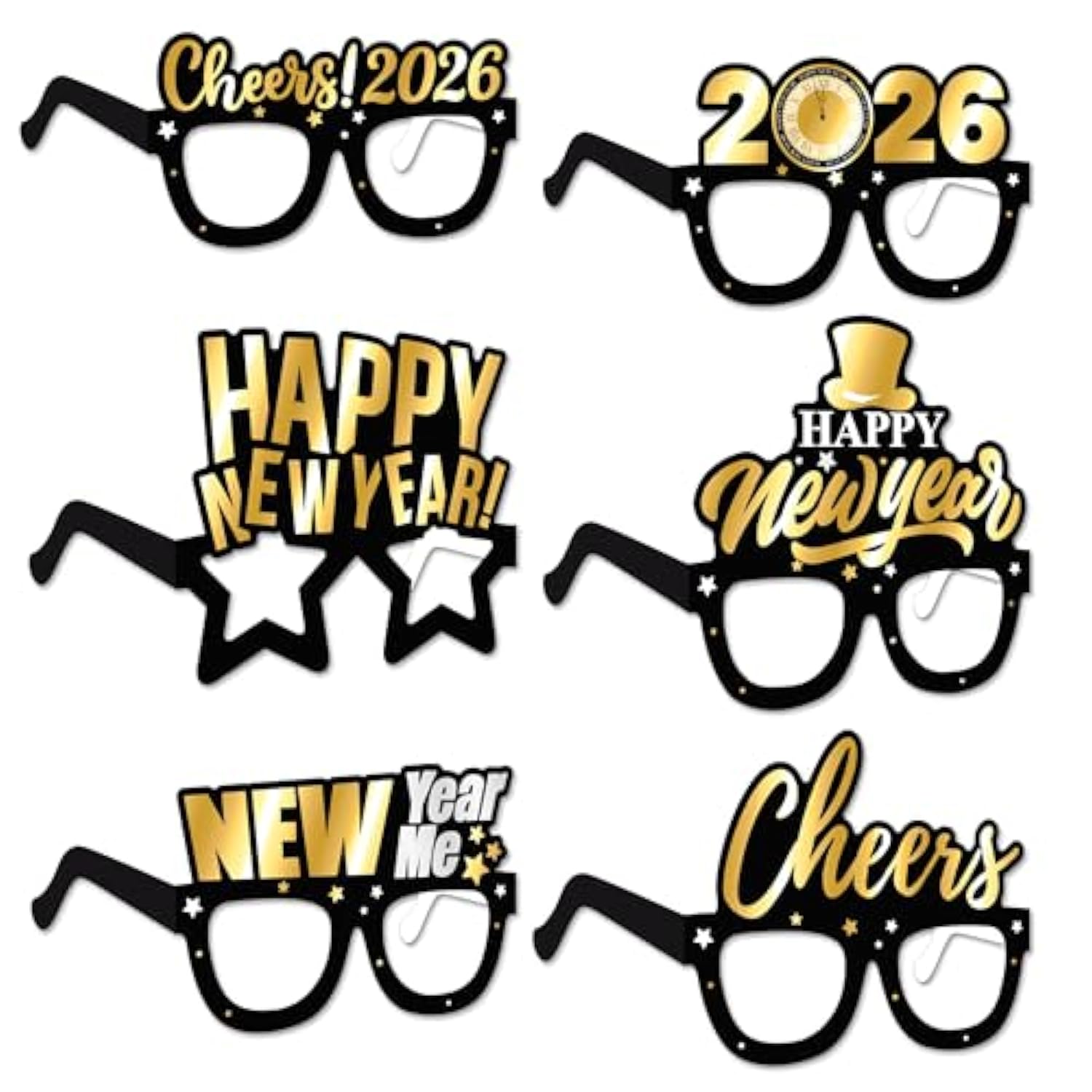 2026 New Year Glasses 16pcs Black Gold Party Photo Booth Props